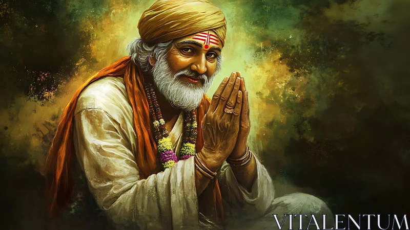 Elderly Indian ascetic in namaste pose, saffron robe, warm light