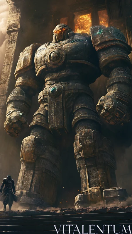 Colossal stone mech towers above lone cloaked wanderer.