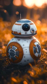 BB-8 style spherical robot toy in warm sunset grass field.