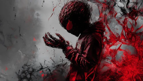 Silhouetted figure dissolves into red particulate energy streams