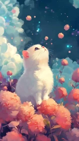 White Cat Among Coral Flowers in Dreamy Sky.