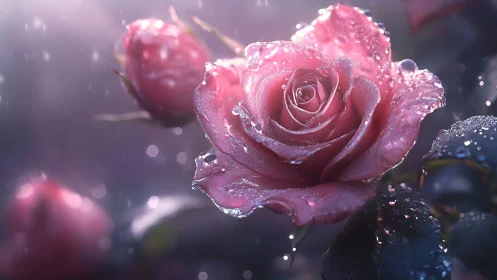 Glistening Pink Roses Adorned With Morning Dew Drops.