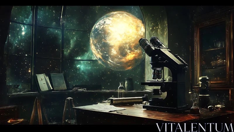 Old observatory lab with microscope and glowing planet.