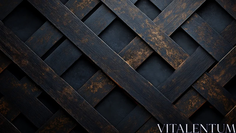 Interwoven dark metal slats with rustic burnished patina.