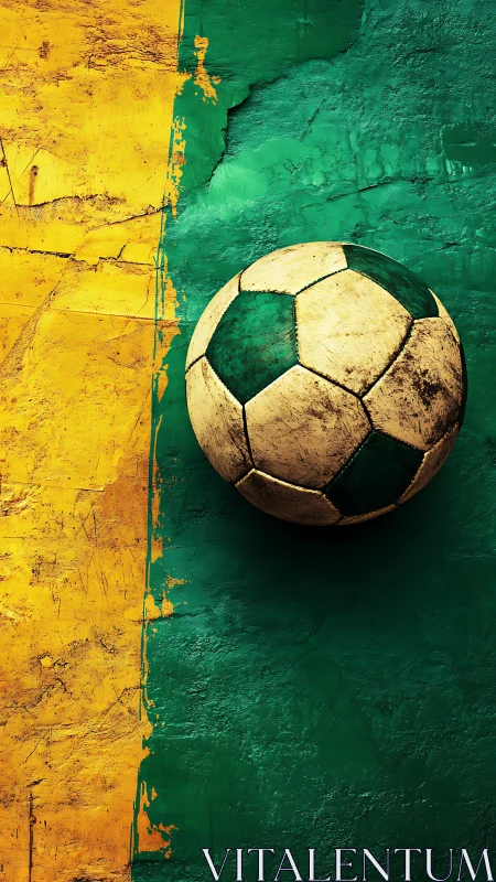 Weathered soccer ball on textured yellow and green surface.