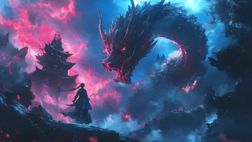 Warrior confronts colossal dragon in neon storm sky.