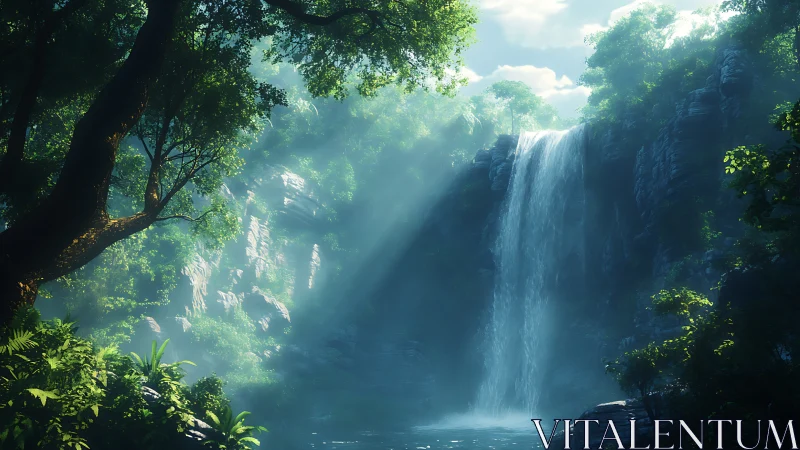 Luminous Waterfall Cascading Through Dense Forest Canopy