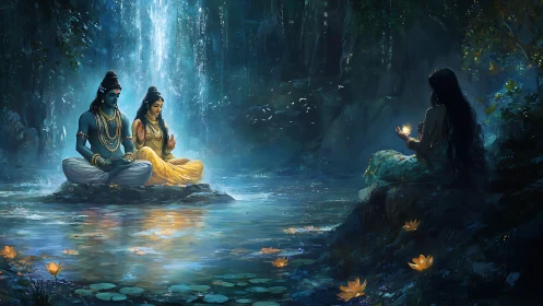 Mystical river meditation beneath luminous waterfall glow.