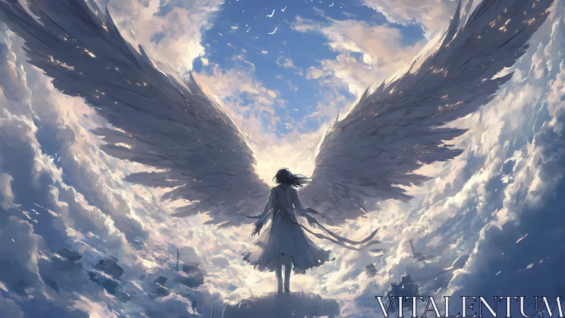 Winged human figure above cloudscape under bright sky.