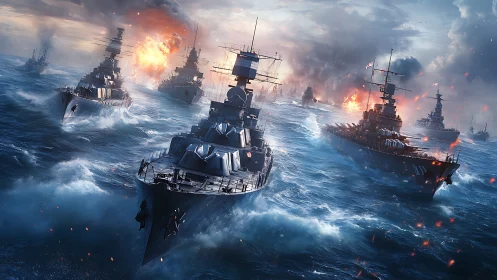 Warship armada charging through explosive ocean battle.