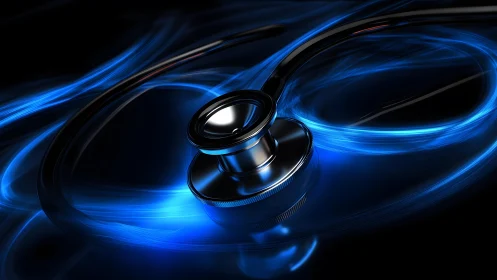 Modern stethoscope with glowing blue light streaks, digital art.