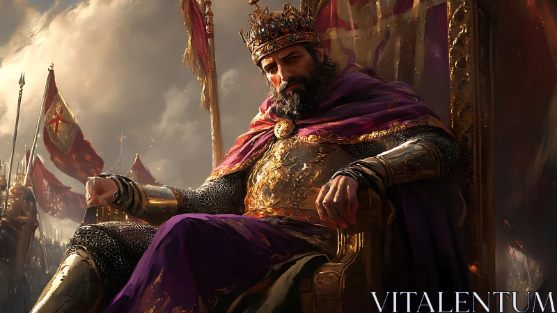 Crowned warrior king resting in a sea of battle banners.