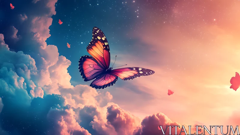 Iridescent butterfly glides through nebular pastel cloudscape.