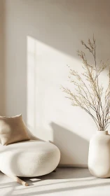 Minimal lounge chair and dried branches in soft light.