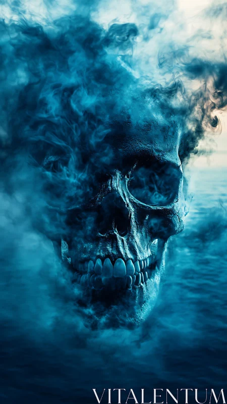 Volumetric blue smoke skull emerging above turbulent ocean