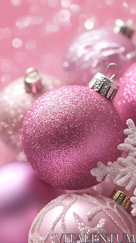 Macro optical study of glittered magenta baubles in bokeh field.