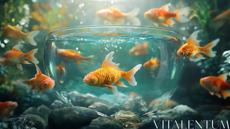 Sunlit goldfish daydreams around a glowing glass bowl.
