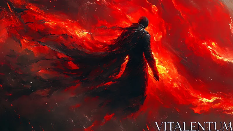 Lone figure walks through swirling infernal firestorm.