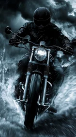 Motorcyclist powers through storm rain with dramatic splash.