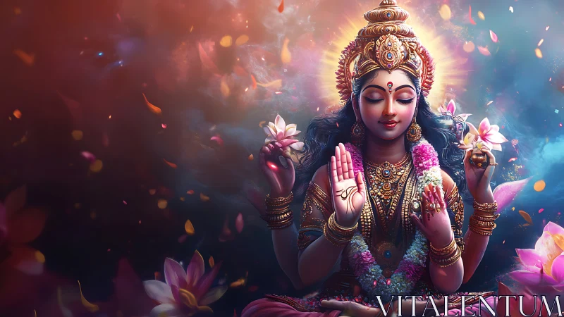 Divine Hindu goddess in radiant lotus halo meditation.