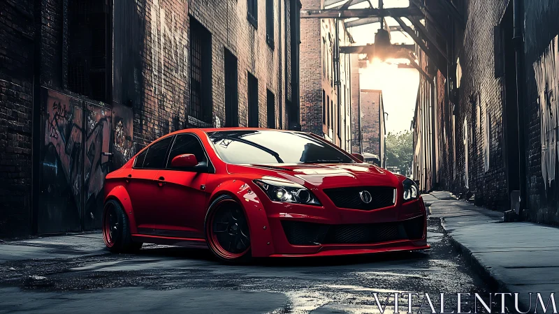 Red modified sports sedan parked in gritty city alleyway.