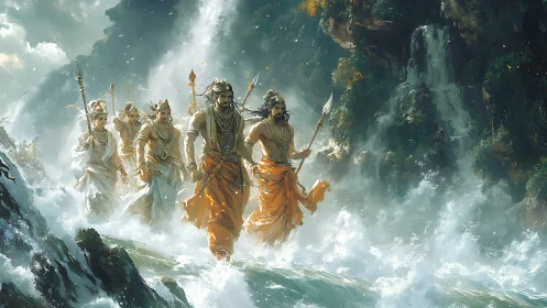 Warriors crossing turbulent river below steep waterfalls.