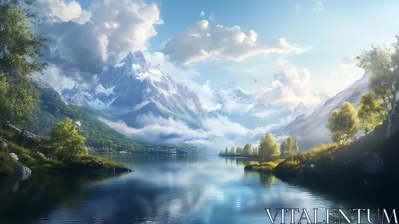 Snowcapped mountains reflect over a tranquil alpine lake.