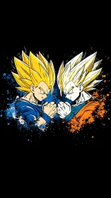 Super saiyan rivals locked in intense power standoff.