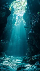 Submerged canyon illuminated by volumetric sunbeams and fauna