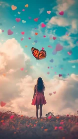 Girl in pink dress watches butterfly in dreamy heartlit sky