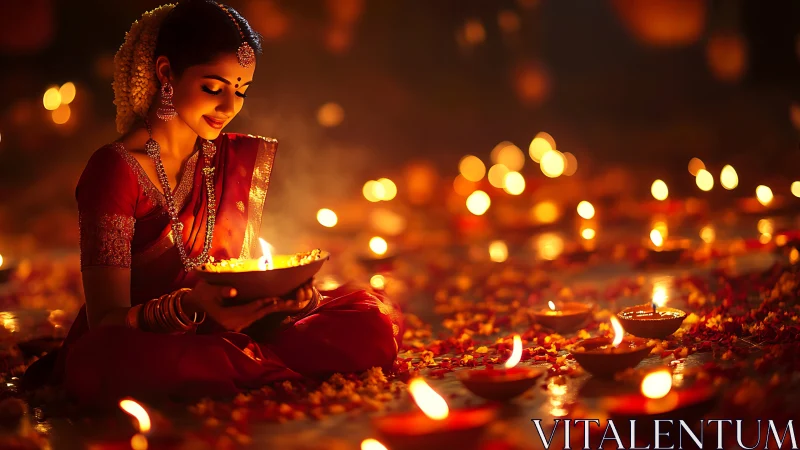 Woman in traditional attire lighting diyas for Diwali festival celebration.