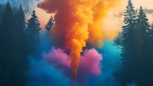 Dense multicolor smoke cloud rising through dark forest