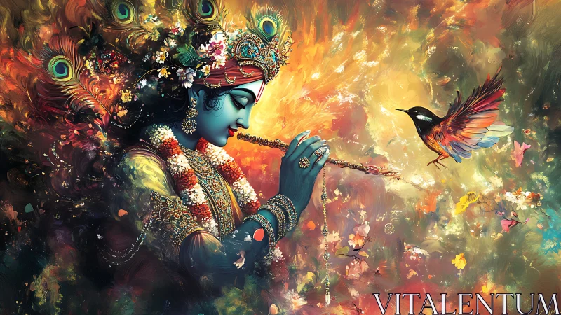 Blue-skinned figure with flute and bird in vivid environment.