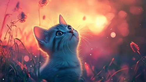Blue Cat Gazes Skyward in Sunset Meadow.