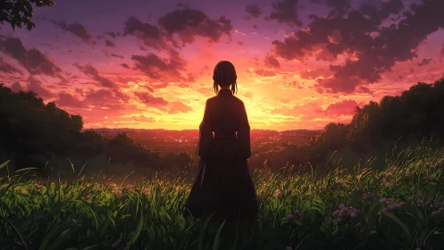 Silhouette of girl watching vivid sunset over valley.