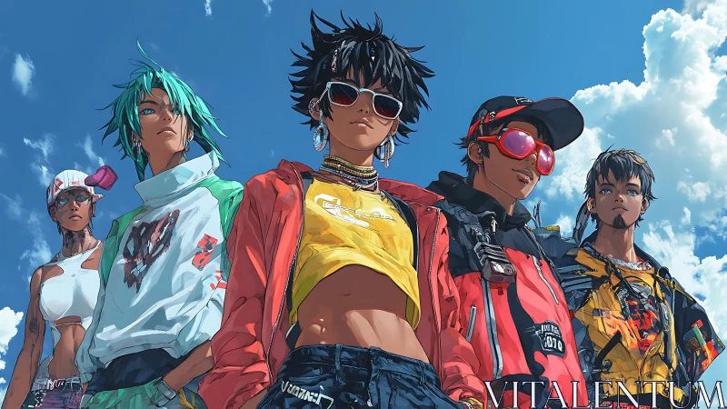 Streetwear youth group under dynamic low-angle sky lighting