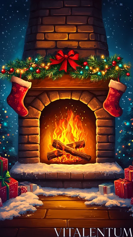 Cozy Christmas fireplace glowing with warmth and cheer.