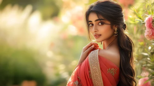 Woman in embroidered sari with soft garden background.