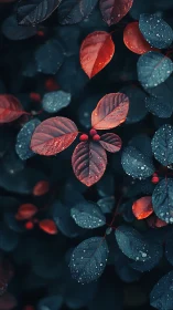 Moody red and teal leaves glisten softly after rainfall.