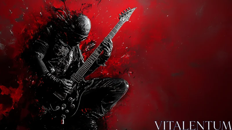 Silhouetted guitarist plays electric instrument against red field