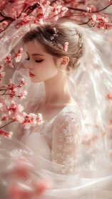 Female figure in lace dress stands among flowering branches