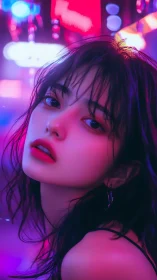 Neon-lit portrait with high-contrast bicolor rim lighting and depth blur