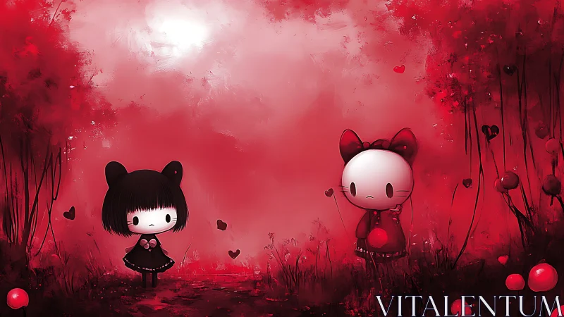 Two Cat-Eared Anime Characters in Deep Red Fantasy Garden