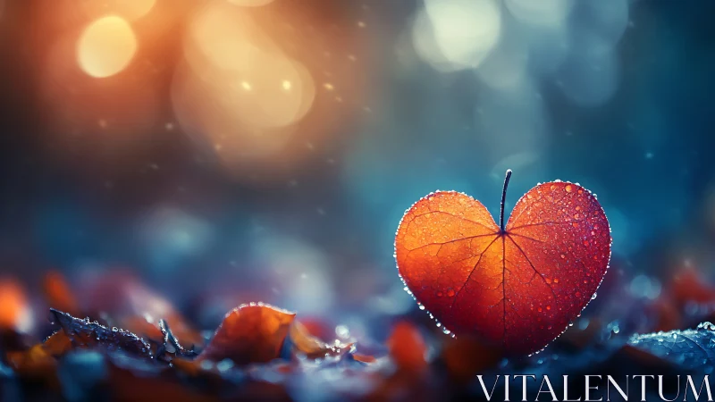 Luminous Autumn Ember: Heart-Shaped Leaf Gleams Against Twilight