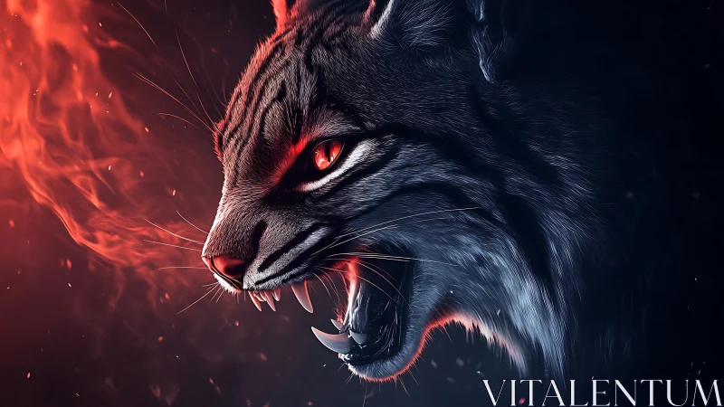 Fiery-eyed wildcat roaring through shadow and embers.