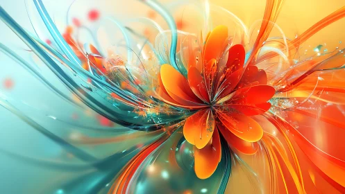 Radiant abstract flower explodes in luminous orange and teal energy