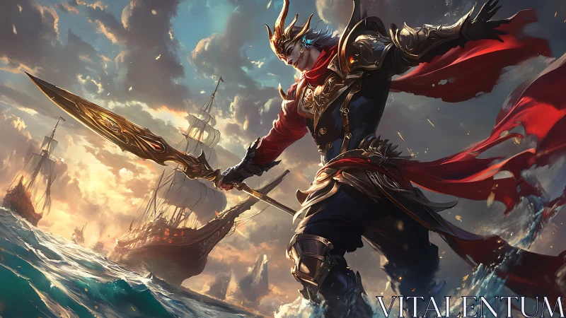 Sea-crowned warlord strides the waves with stormlit spear.