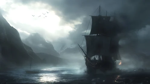 Storm-shrouded galleon advances through misty fjord light