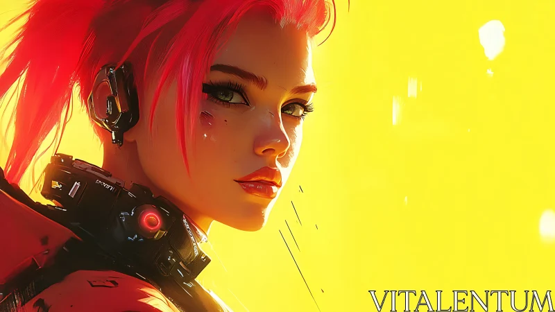 Neon cybernetic sentinel in high-key chromatic isolation.