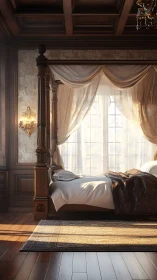 Four-poster bed in paneled bedroom with draped window.